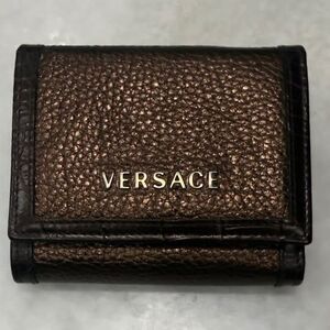 New Versace Metallic Bronze Pebbled Leather Trifold Wallet